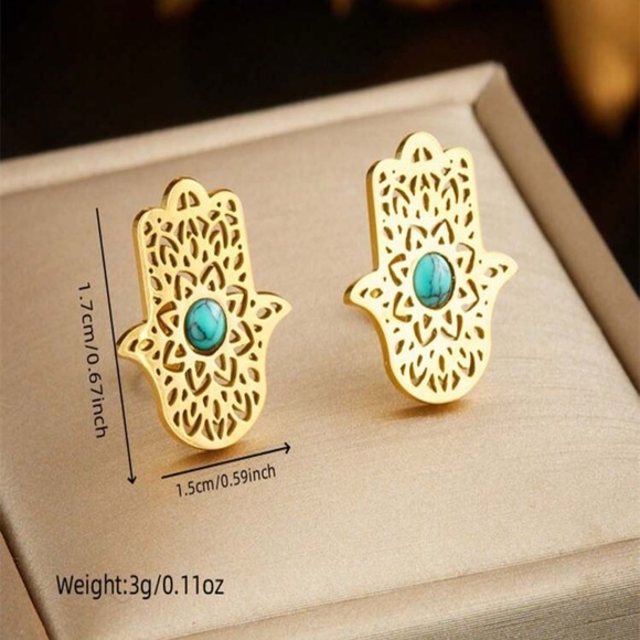Jewelry - Gold Hamsa Hand Earrings with Turquoise Accent